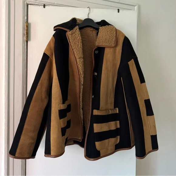 CawleyStriped Shearling Avis Jacket in Black & Tan